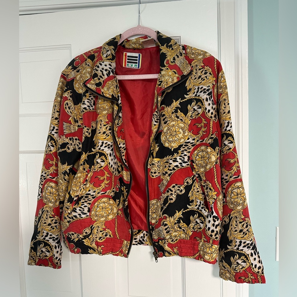 EVR vintage silk zip up red gold and black 80s 90s windbreaker bomber jacket
